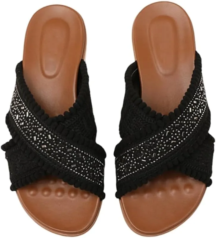 Wedges Sandals Bohemian Embroidered Sandal’s Rhinestone Cross Slide Sandal For Women‘s Summer Dressy