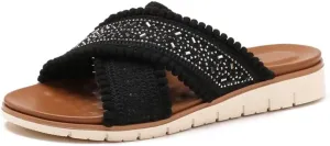 Wedges Sandals Bohemian Embroidered Sandal’s Rhinestone Cross Slide Sandal For Women‘s Summer Dressy