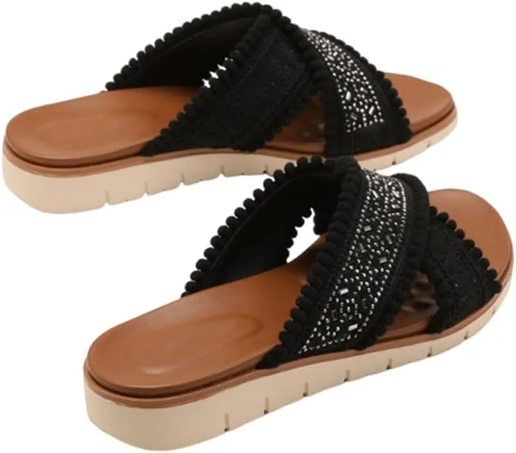 Wedges Sandals Bohemian Embroidered Sandal’s Rhinestone Cross Slide Sandal For Women‘s Summer Dressy