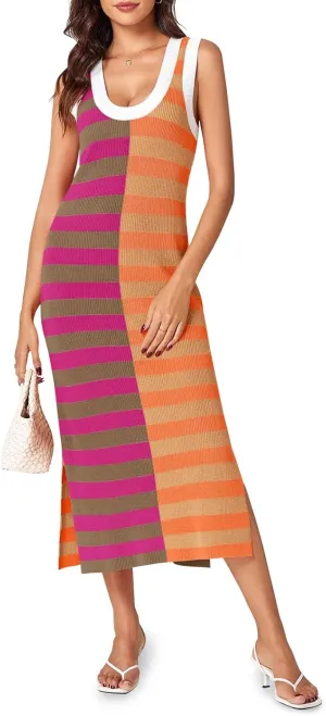 Wenrine Womens Summer Striped Dress Sleeveless Knitted Contrast Color Side Slit Casual Maxi Beach Dress