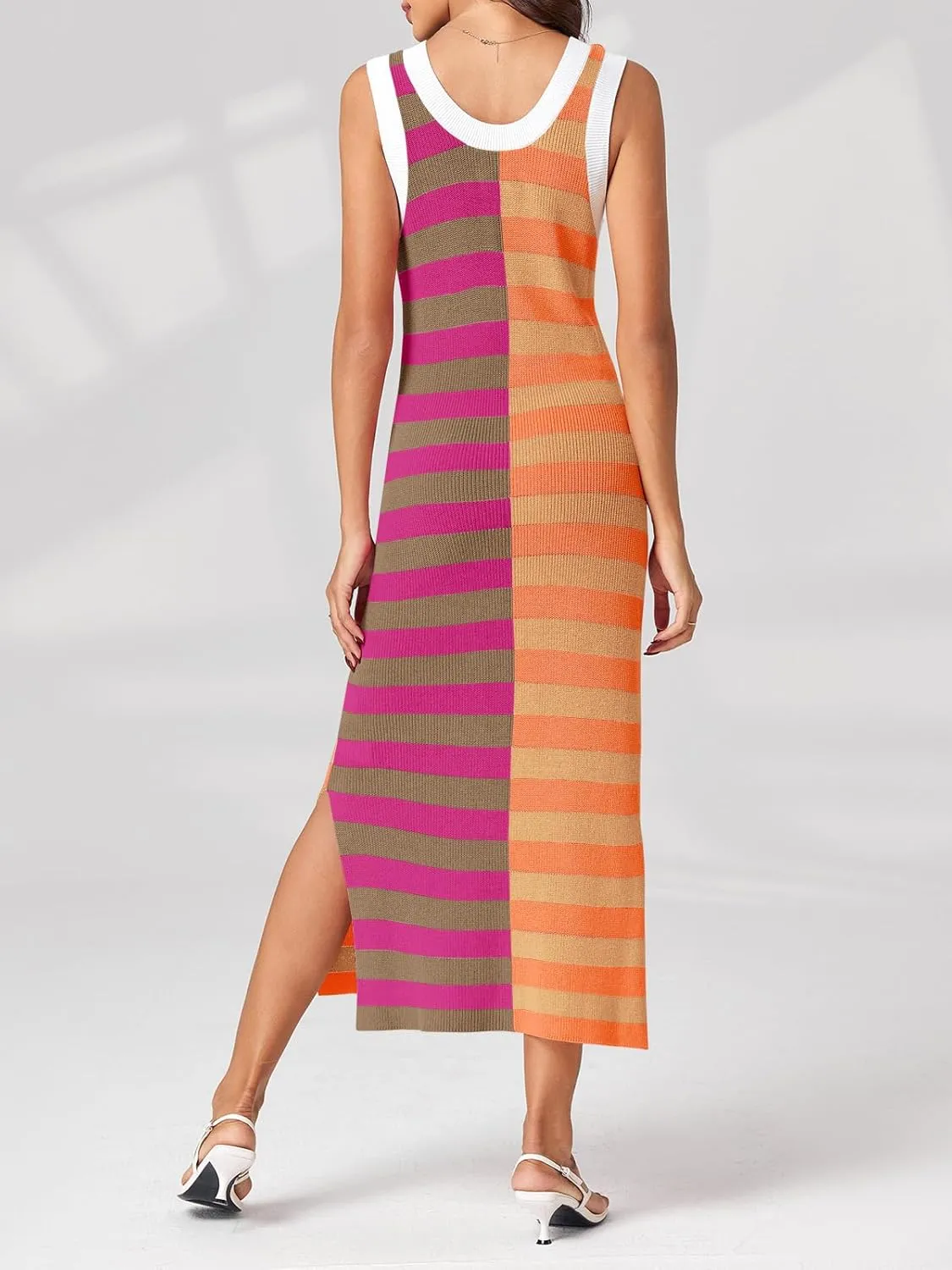 Wenrine Womens Summer Striped Dress Sleeveless Knitted Contrast Color Side Slit Casual Maxi Beach Dress