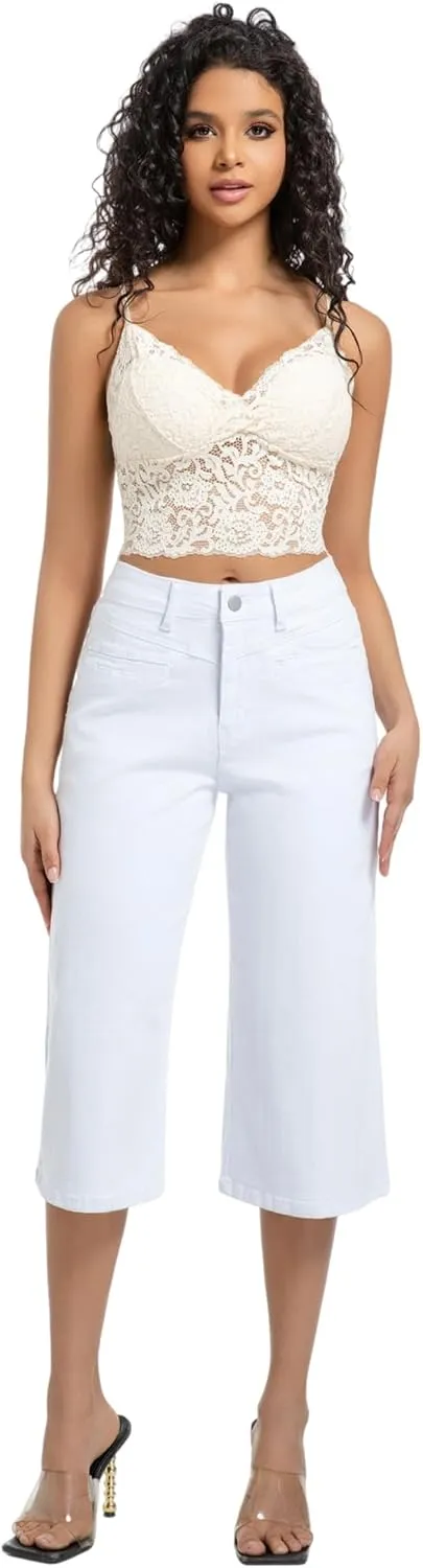 Wide Leg Capri Pants for Women Stretchy High Waisted Frayed Hem Loose Denim Jeans