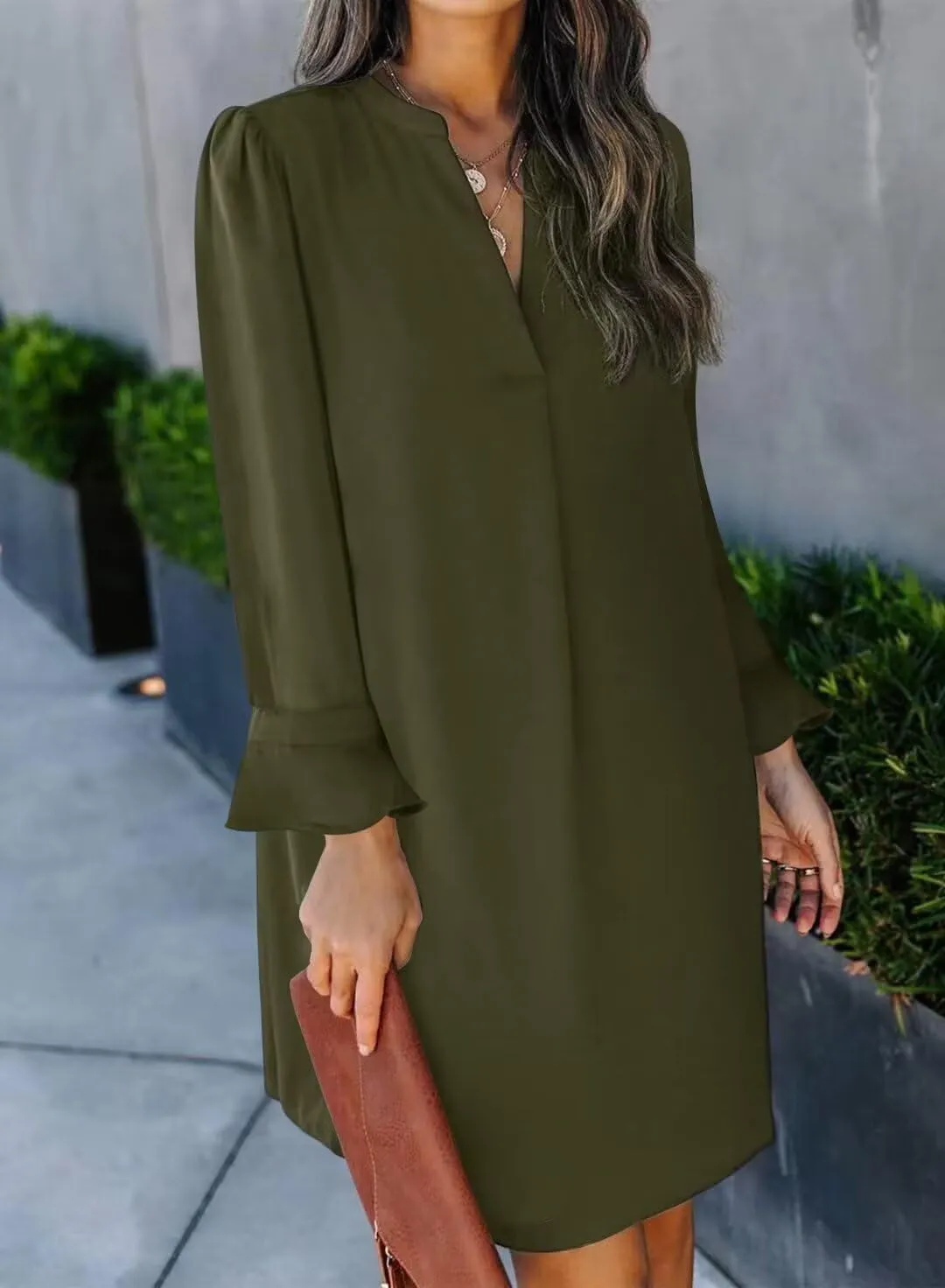 Wkior Long Sleeve Dress for Women V Neck Casual Cute Loose Flowy Swing Shift Dresses(S-2XL)