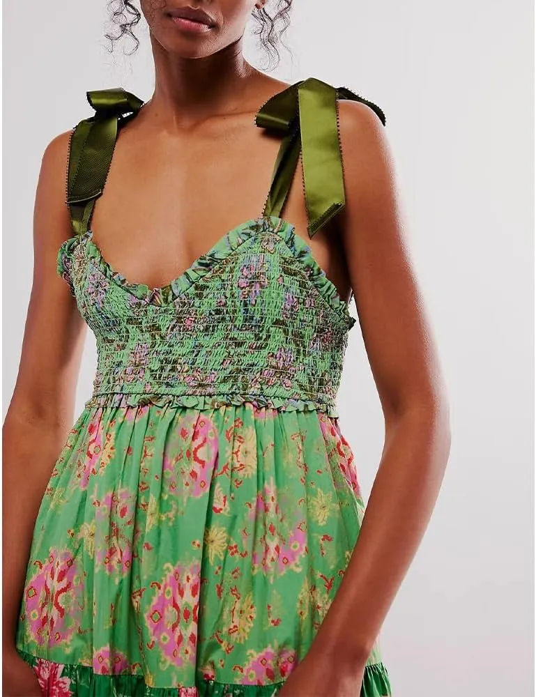 Women Floral Boho Sundress Tie Shoulder Smocked Patchwork Flowy Maxi Dresses with Pockets Summer Fall
