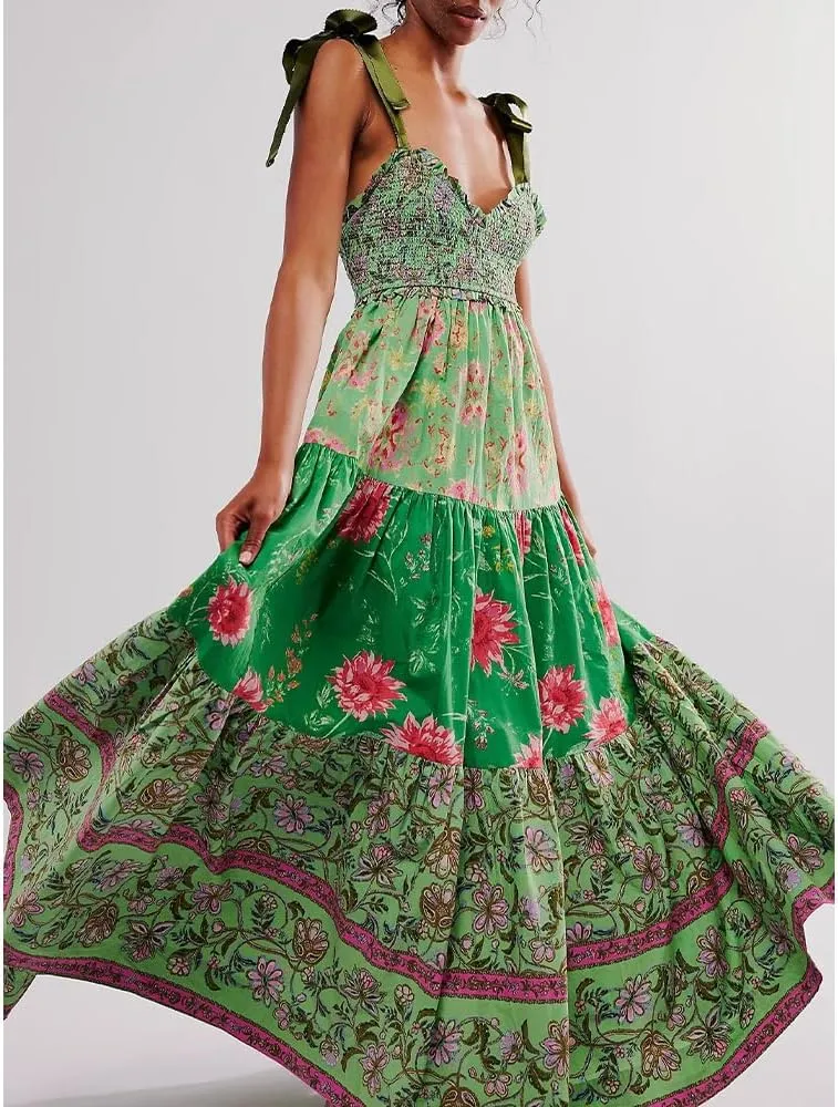 Women Floral Boho Sundress Tie Shoulder Smocked Patchwork Flowy Maxi Dresses with Pockets Summer Fall