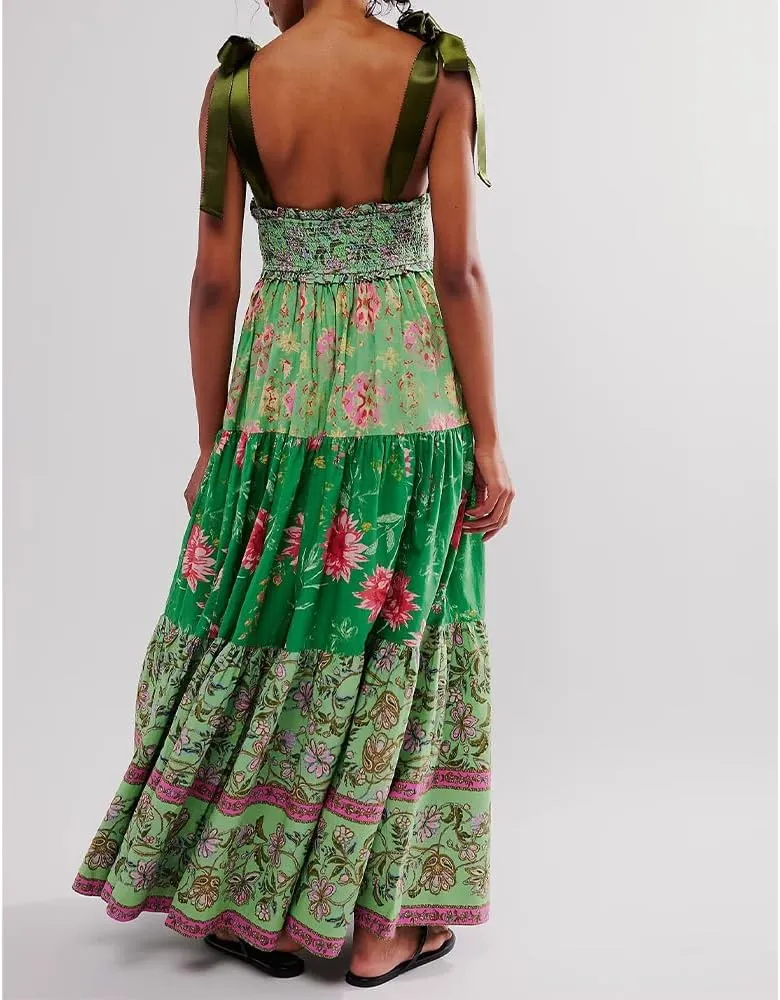 Women Floral Boho Sundress Tie Shoulder Smocked Patchwork Flowy Maxi Dresses with Pockets Summer Fall