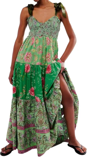 Women Floral Boho Sundress Tie Shoulder Smocked Patchwork Flowy Maxi Dresses with Pockets Summer Fall