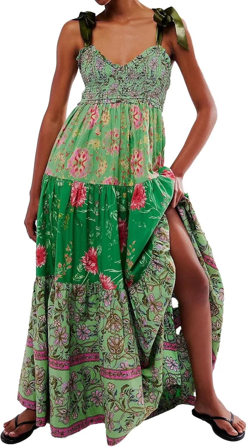 Women Floral Boho Sundress Tie Shoulder Smocked Patchwork Flowy Maxi Dresses with Pockets Summer Fall