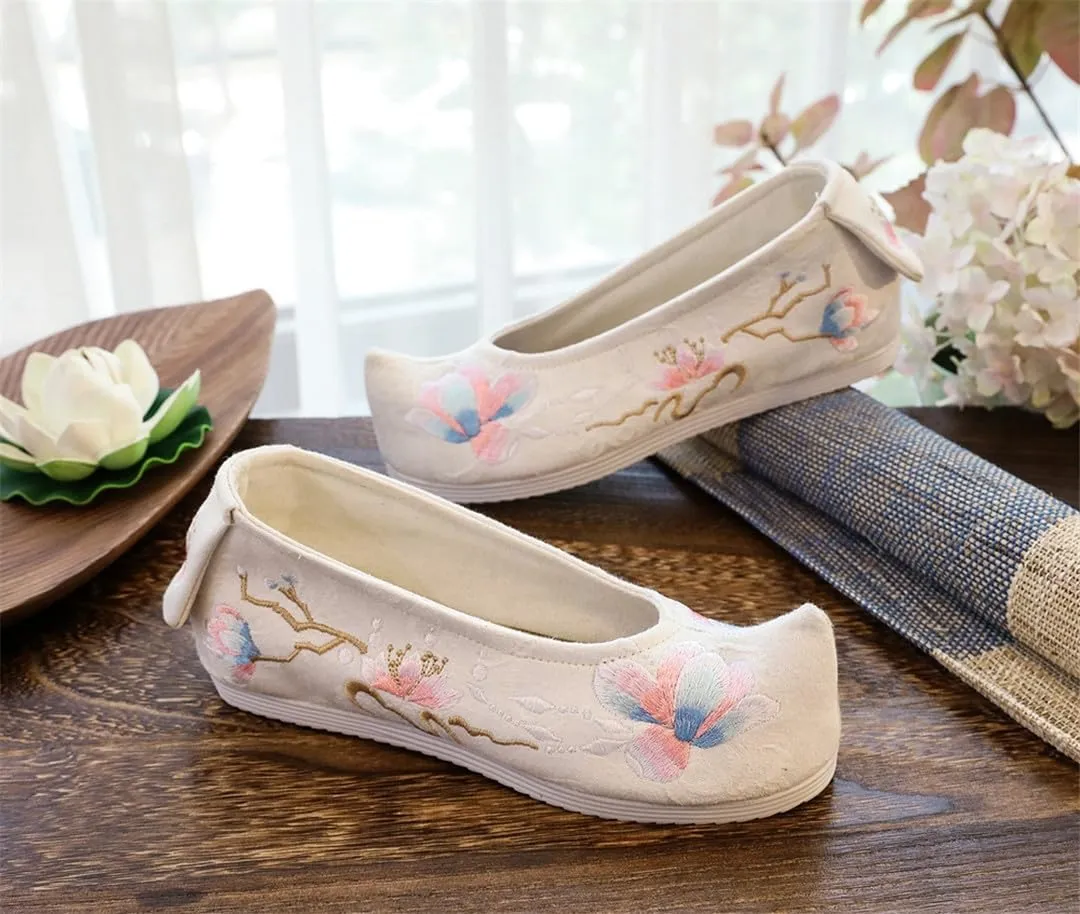 Women Jacquard Slip On Hanfu Flat Shoes Chinese Flower Embroidered Cotton Fabric Platform Flats