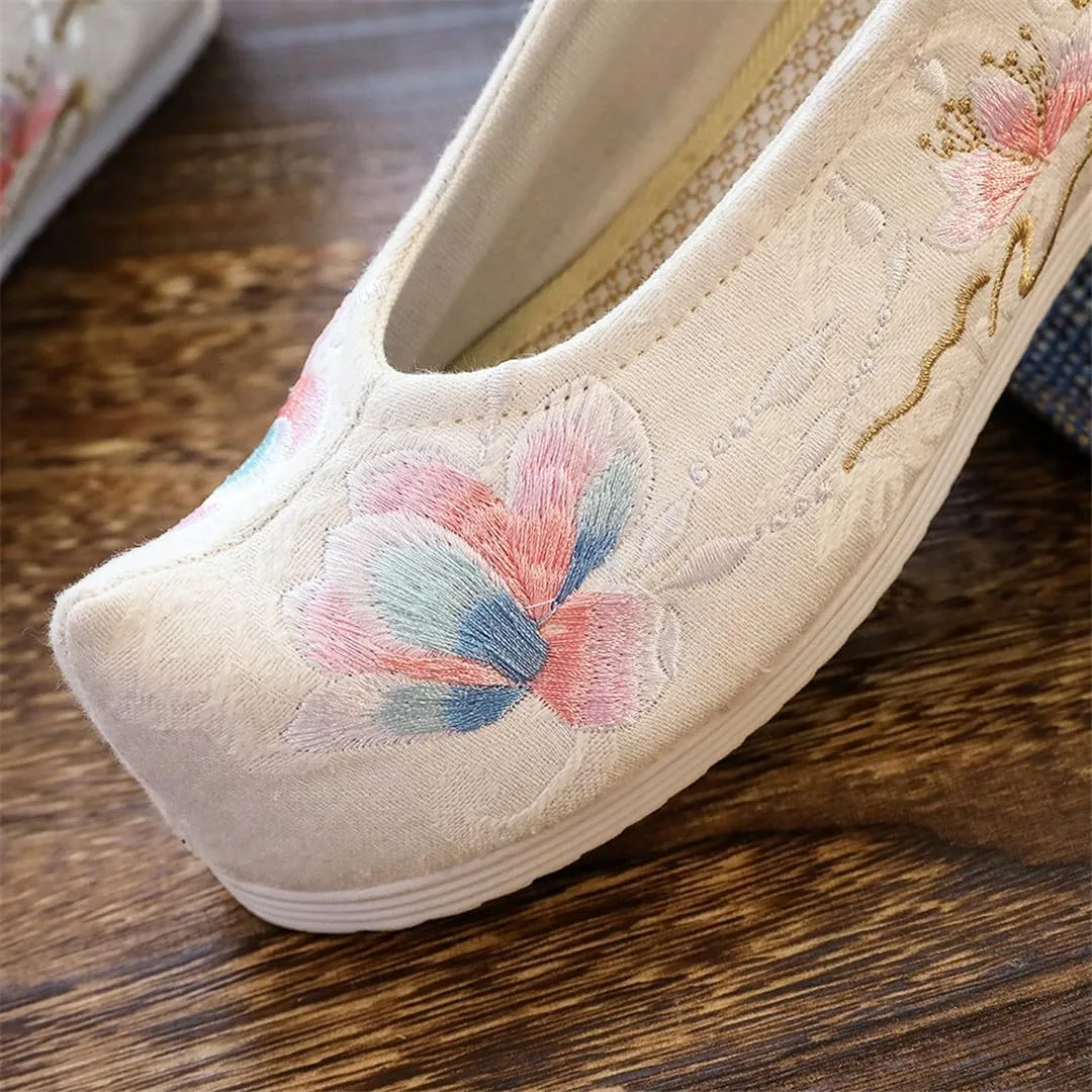 Women Jacquard Slip On Hanfu Flat Shoes Chinese Flower Embroidered Cotton Fabric Platform Flats