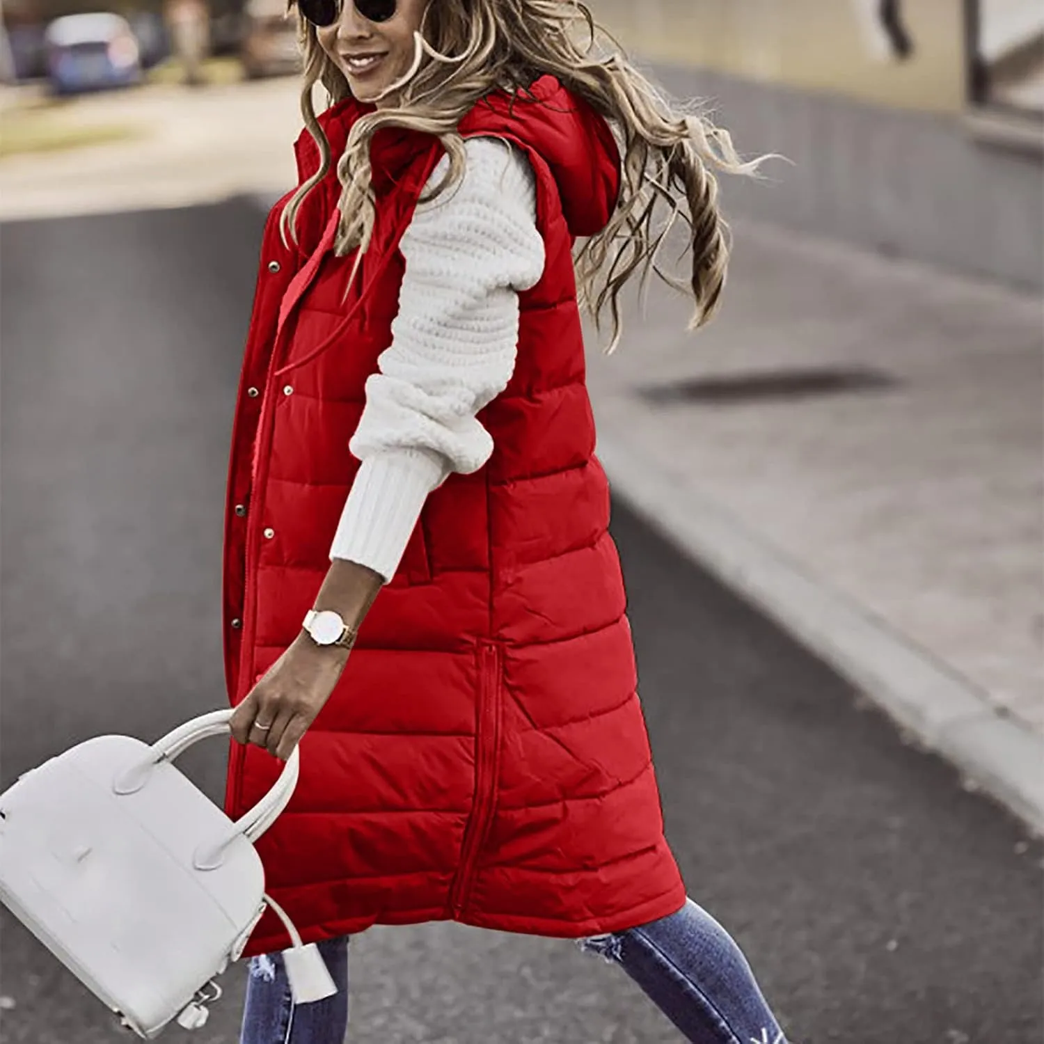 Women Long Puffer Vest Jacket Winter Coat Full Zipper Sleeveless Down Coats with Hooded Warm Thickened Windbreakers