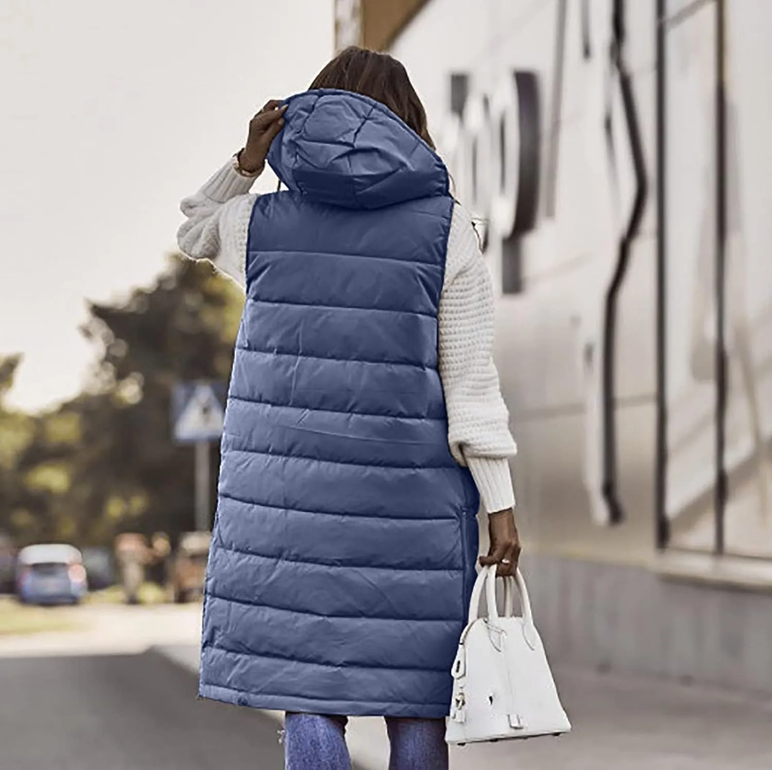 Women Long Puffer Vest Jacket Winter Coat Full Zipper Sleeveless Down Coats with Hooded Warm Thickened Windbreakers