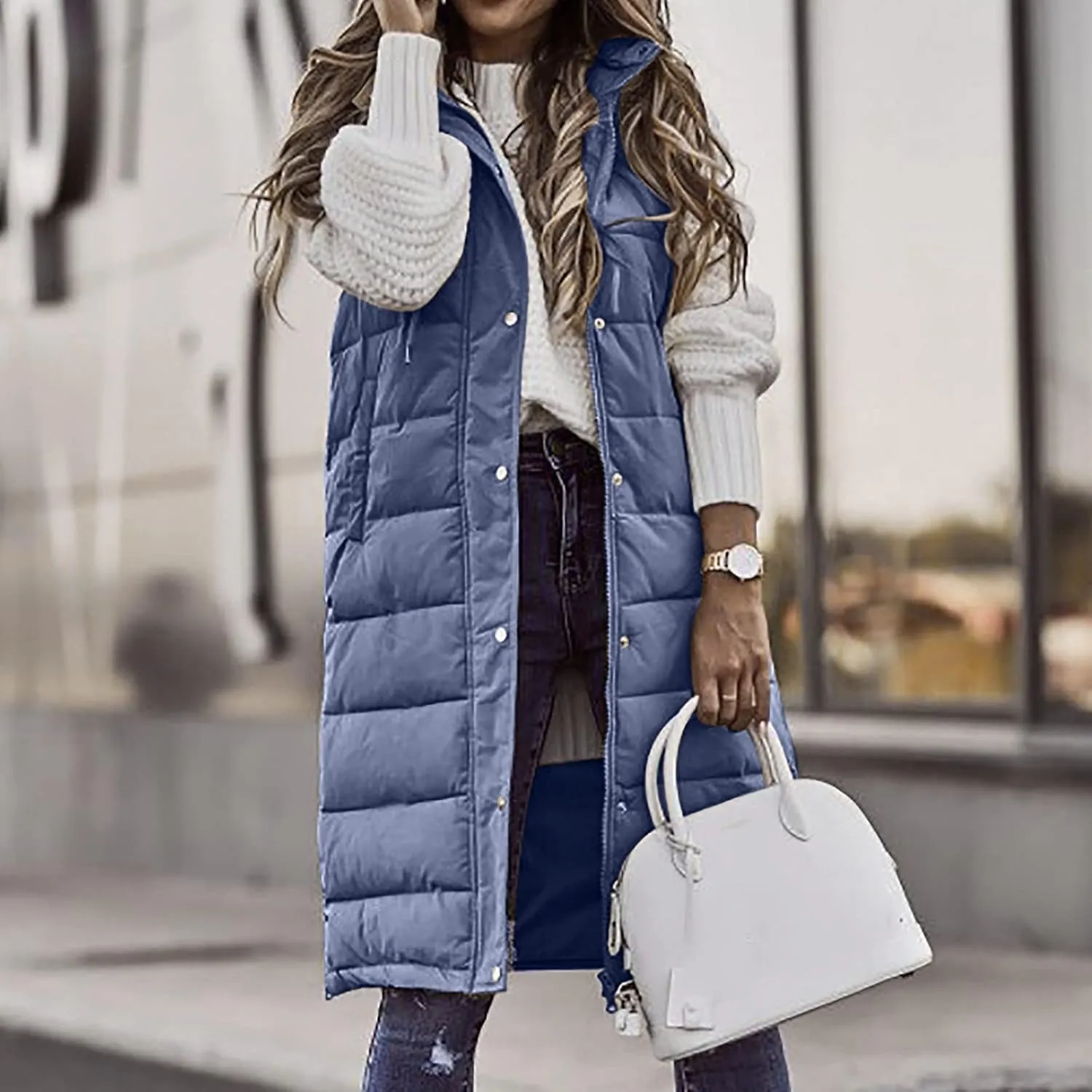 Women Long Puffer Vest Jacket Winter Coat Full Zipper Sleeveless Down Coats with Hooded Warm Thickened Windbreakers