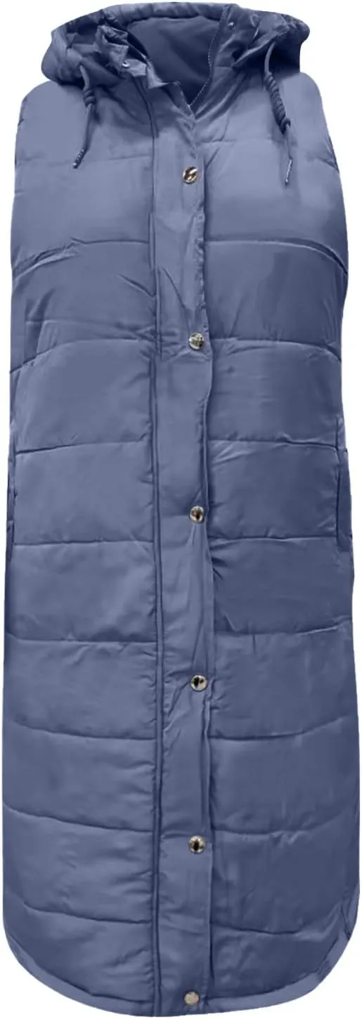Women Long Puffer Vest Jacket Winter Coat Full Zipper Sleeveless Down Coats with Hooded Warm Thickened Windbreakers