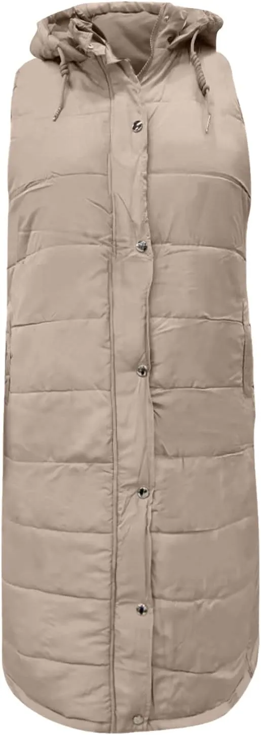 Women Long Puffer Vest Jacket Winter Coat Full Zipper Sleeveless Down Coats with Hooded Warm Thickened Windbreakers