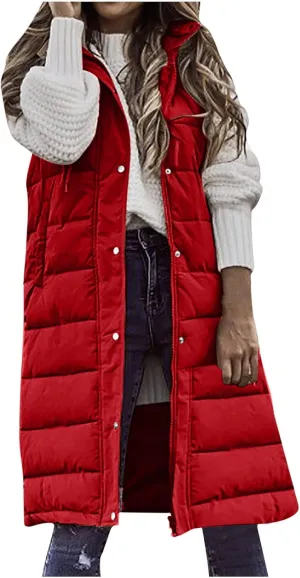 Women Long Puffer Vest Jacket Winter Coat Full Zipper Sleeveless Down Coats with Hooded Warm Thickened Windbreakers