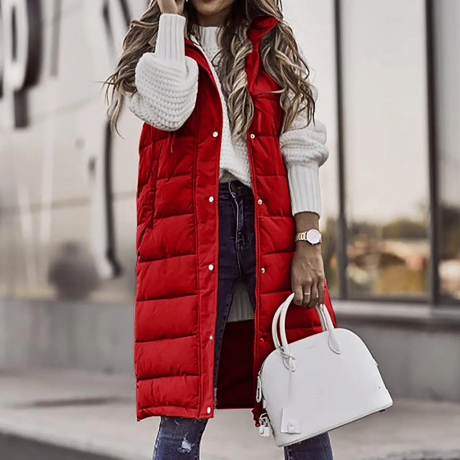Women Long Puffer Vest Jacket Winter Coat Full Zipper Sleeveless Down Coats with Hooded Warm Thickened Windbreakers