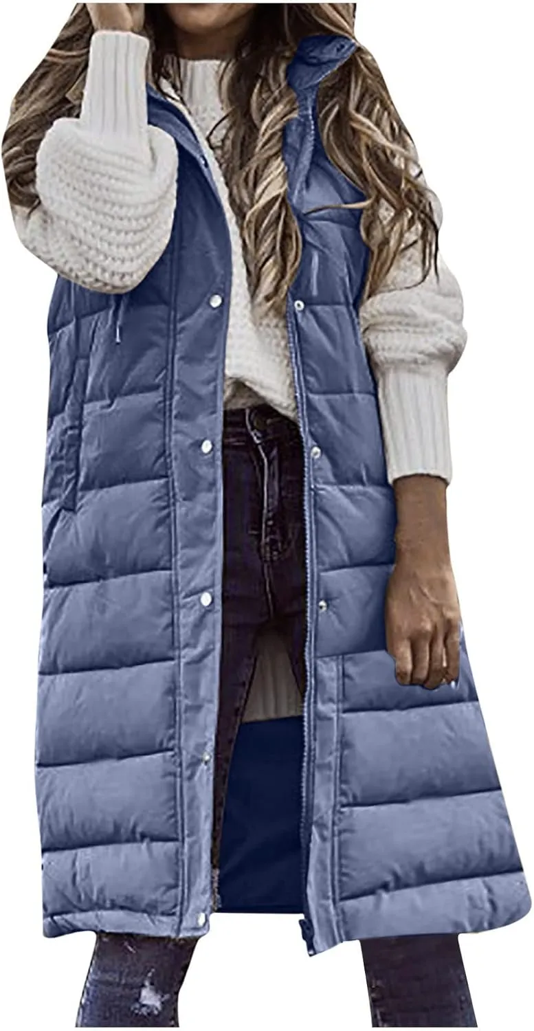 Women Long Puffer Vest Jacket Winter Coat Full Zipper Sleeveless Down Coats with Hooded Warm Thickened Windbreakers