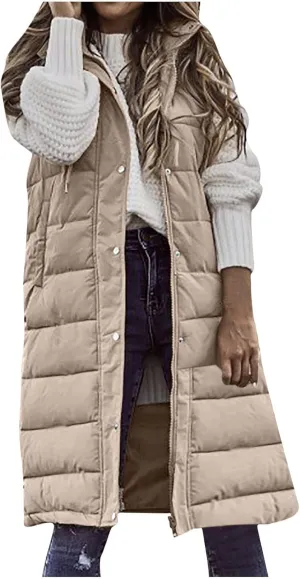 Women Long Puffer Vest Jacket Winter Coat Full Zipper Sleeveless Down Coats with Hooded Warm Thickened Windbreakers