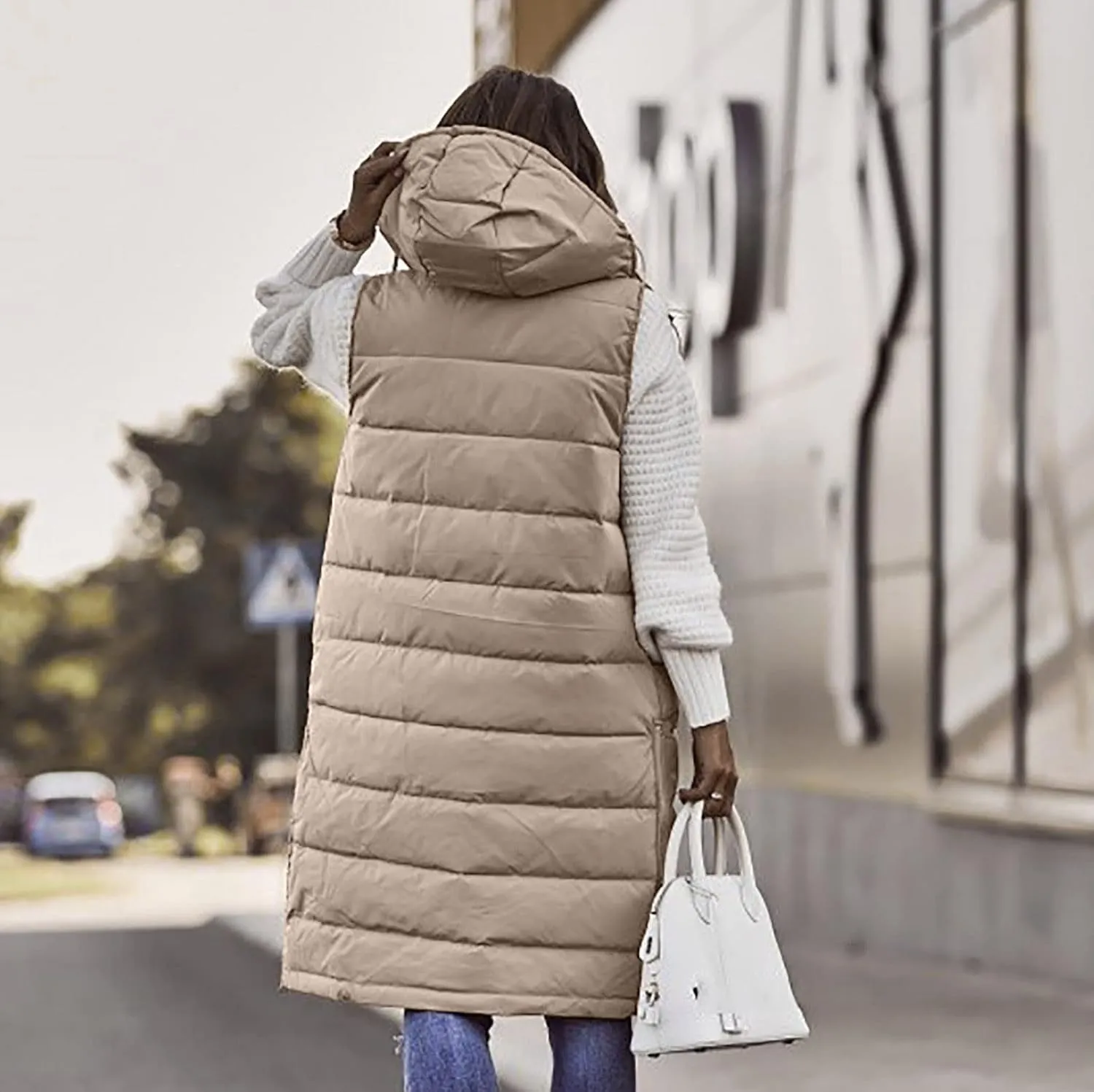 Women Long Puffer Vest Jacket Winter Coat Full Zipper Sleeveless Down Coats with Hooded Warm Thickened Windbreakers