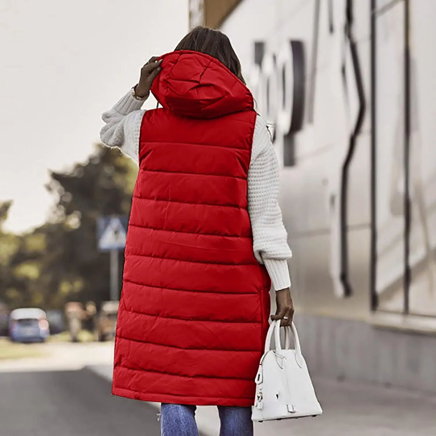 Women Long Puffer Vest Jacket Winter Coat Full Zipper Sleeveless Down Coats with Hooded Warm Thickened Windbreakers