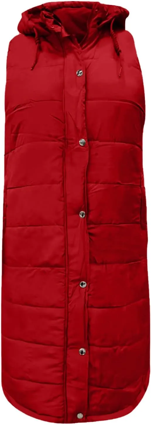 Women Long Puffer Vest Jacket Winter Coat Full Zipper Sleeveless Down Coats with Hooded Warm Thickened Windbreakers