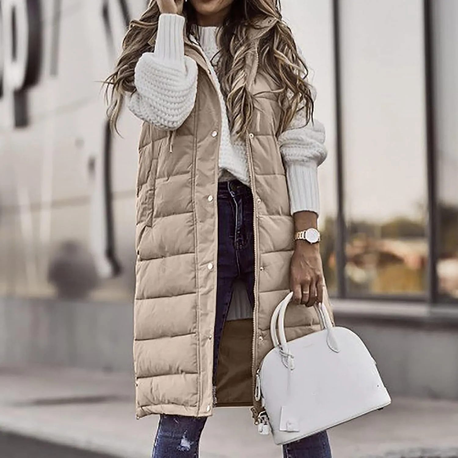 Women Long Puffer Vest Jacket Winter Coat Full Zipper Sleeveless Down Coats with Hooded Warm Thickened Windbreakers