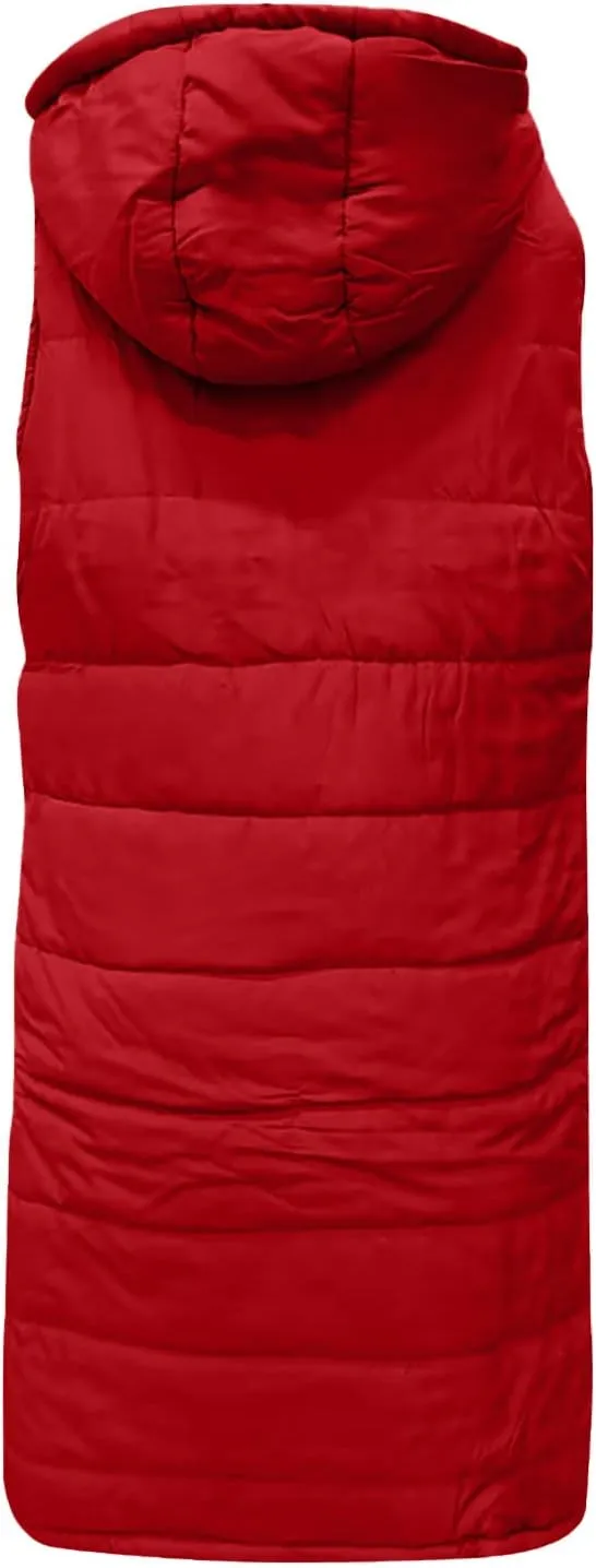 Women Long Puffer Vest Jacket Winter Coat Full Zipper Sleeveless Down Coats with Hooded Warm Thickened Windbreakers