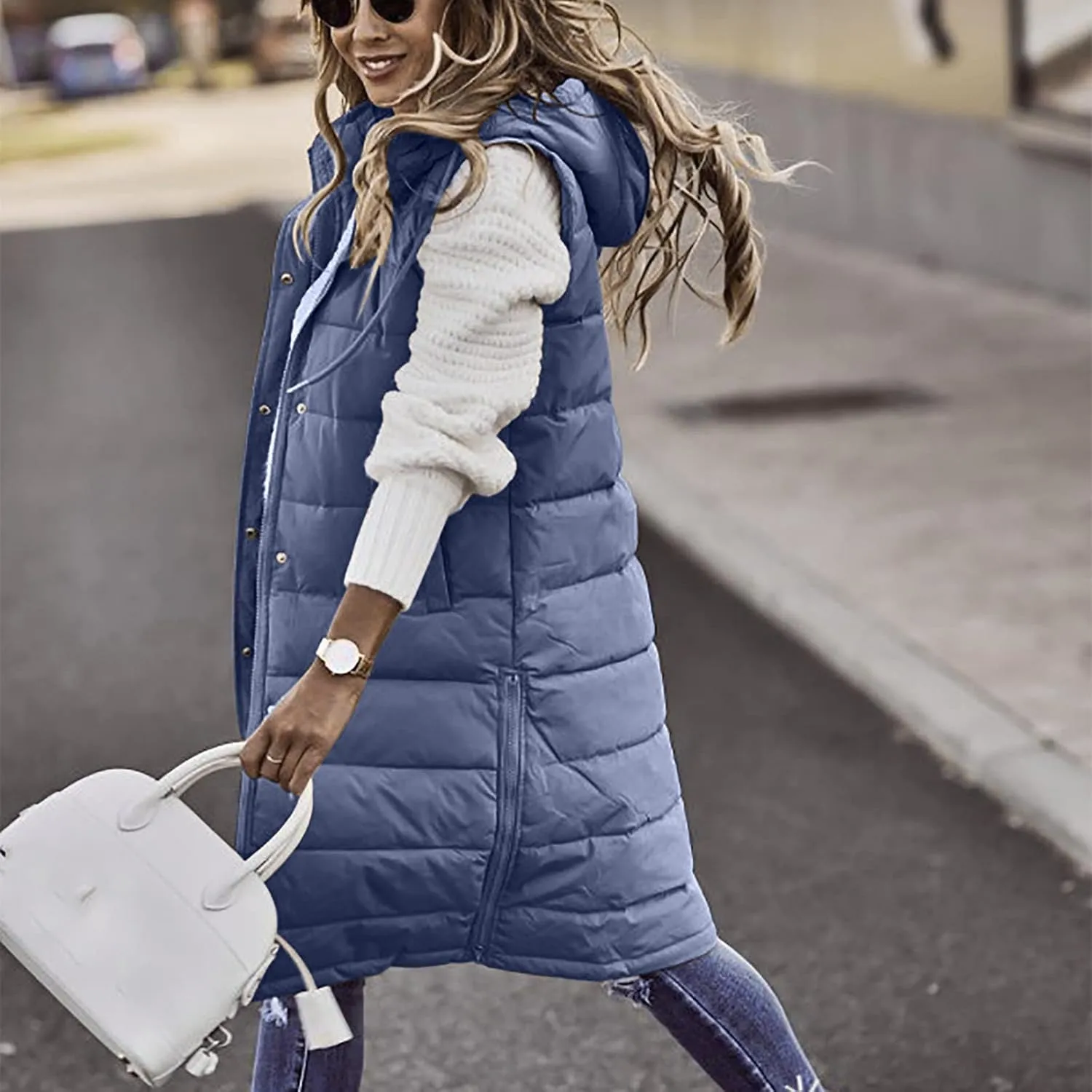 Women Long Puffer Vest Jacket Winter Coat Full Zipper Sleeveless Down Coats with Hooded Warm Thickened Windbreakers