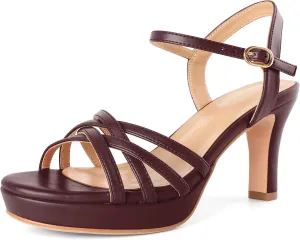 Women Platform Heel Sandals Strappy Heel Sandals Chunky Heel Sandals Open Toe Sandals Slingback Heel Sandals Comfort Dressy for Evening Party 3.5 Inch