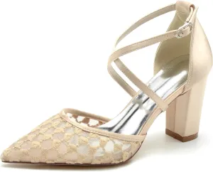 Women Pointed Toe Satin Mesh Bridal Shoes Block Chunky Heel Wedding Pumps Tie Evening Party Dress Shoes Ankle Buckle High Heels