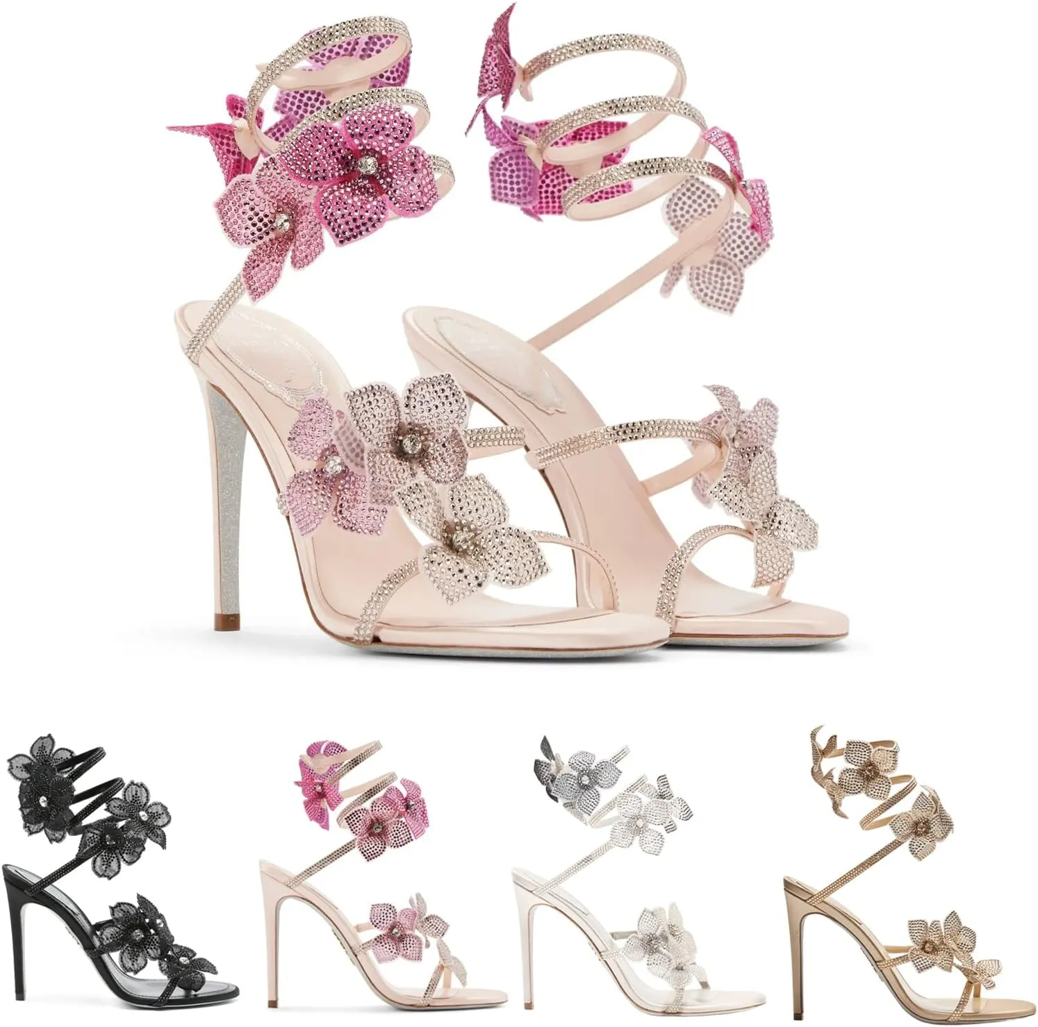 Women Rhinestone Flowers Spiral Wrap Around High Heel Sandals Fashion Sexy Sparkly Bling Wedding Party Sandals 4.13"