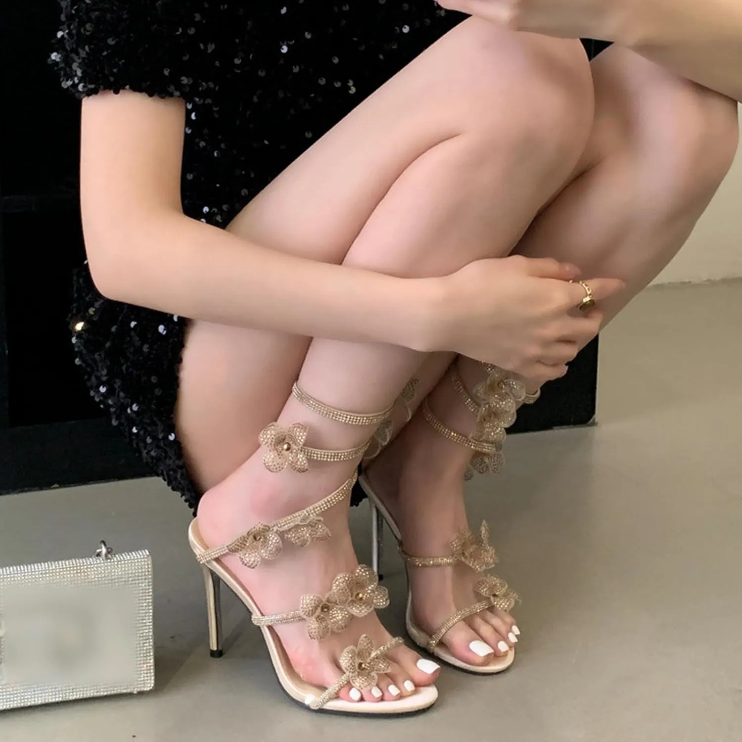 Women Rhinestone Flowers Spiral Wrap Around High Heel Sandals Fashion Sexy Sparkly Bling Wedding Party Sandals 4.13"