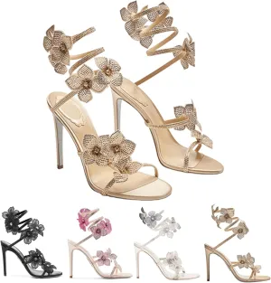 Women Rhinestone Flowers Spiral Wrap Around High Heel Sandals Fashion Sexy Sparkly Bling Wedding Party Sandals 4.13"