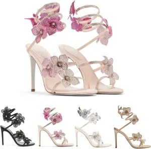Women Rhinestone Flowers Spiral Wrap Around High Heel Sandals Fashion Sexy Sparkly Bling Wedding Party Sandals 4.13"