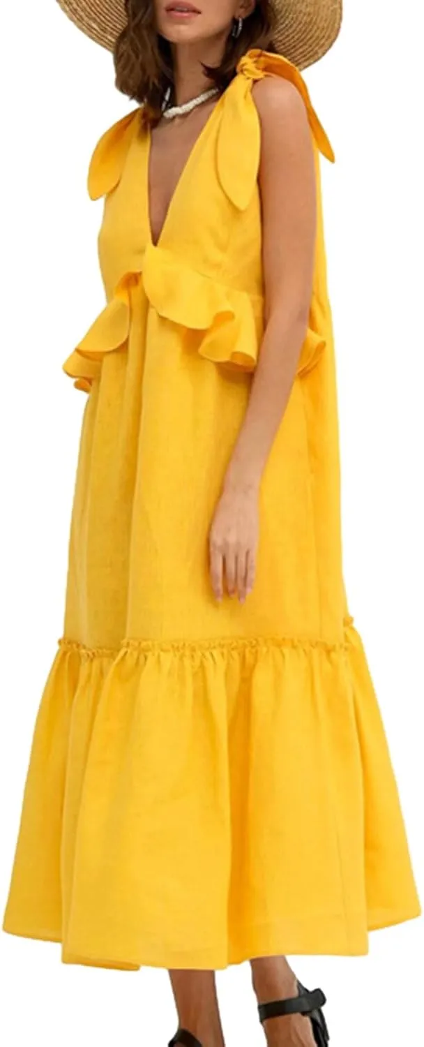 Women Summer Casual Long Dress Solid Color V-Neck Tie Knot Shoulder Sleeveless A-line Ruffles Beach Holiday Dress