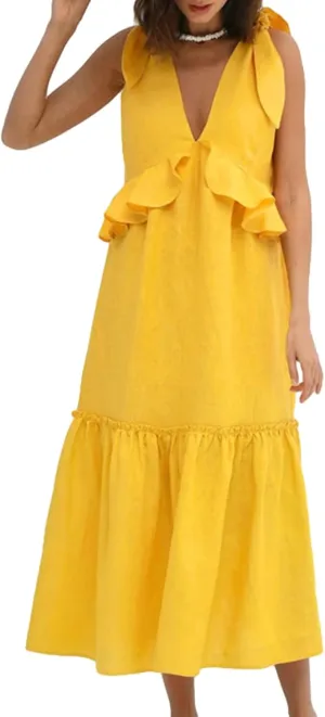 Women Summer Casual Long Dress Solid Color V-Neck Tie Knot Shoulder Sleeveless A-line Ruffles Beach Holiday Dress