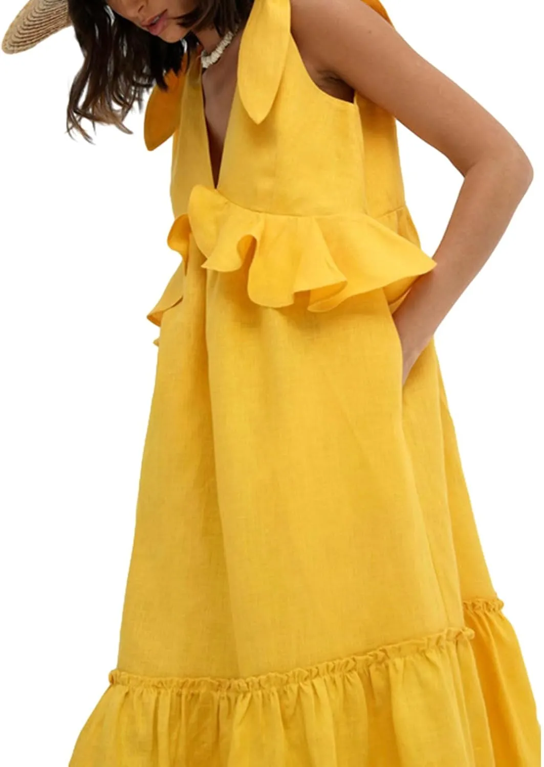 Women Summer Casual Long Dress Solid Color V-Neck Tie Knot Shoulder Sleeveless A-line Ruffles Beach Holiday Dress