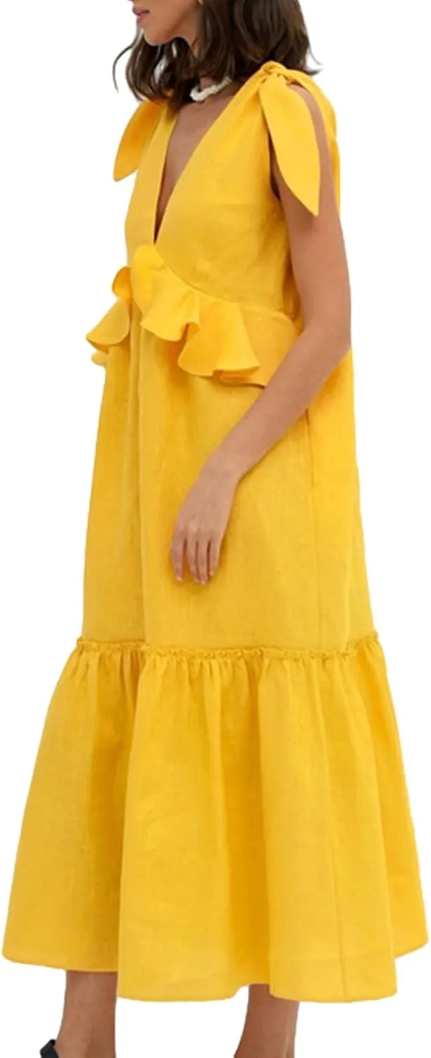 Women Summer Casual Long Dress Solid Color V-Neck Tie Knot Shoulder Sleeveless A-line Ruffles Beach Holiday Dress