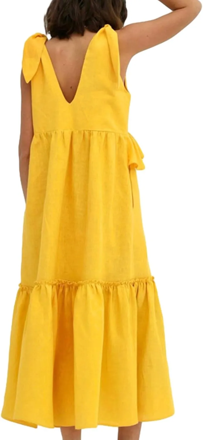 Women Summer Casual Long Dress Solid Color V-Neck Tie Knot Shoulder Sleeveless A-line Ruffles Beach Holiday Dress