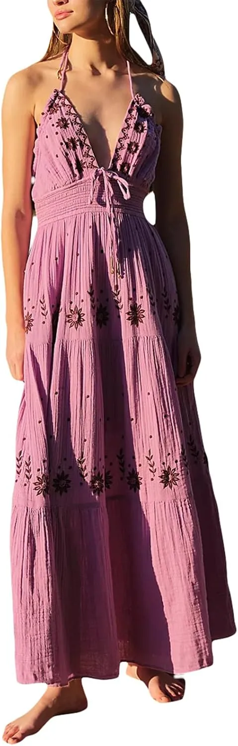 Women Summer Casual Long Flower Embroidery Tie-Up Halter Neck Sleeveless Fashion Backless A-line Dress