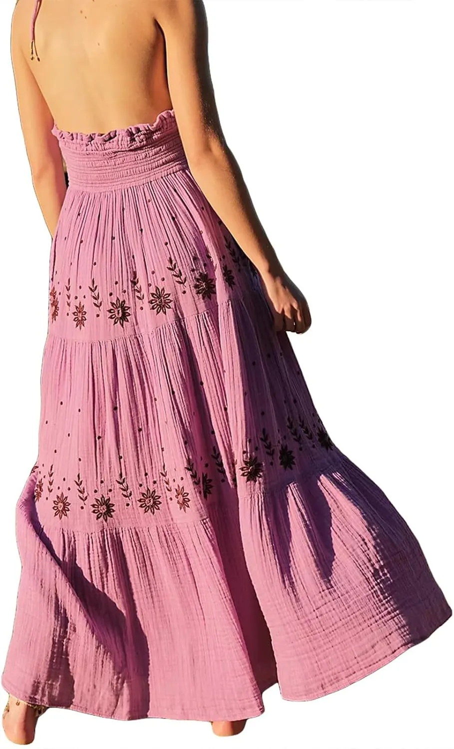 Women Summer Casual Long Flower Embroidery Tie-Up Halter Neck Sleeveless Fashion Backless A-line Dress