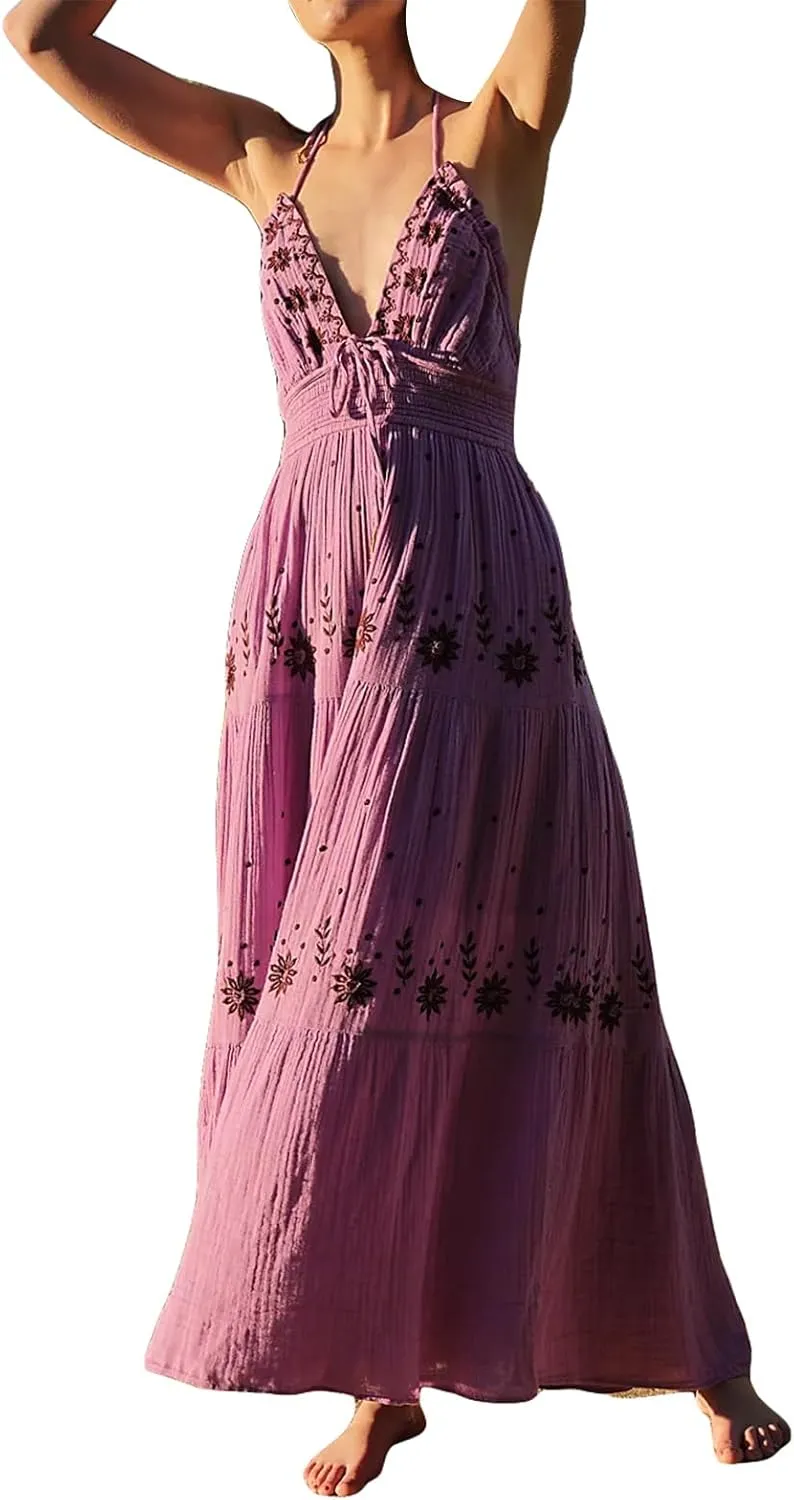 Women Summer Casual Long Flower Embroidery Tie-Up Halter Neck Sleeveless Fashion Backless A-line Dress