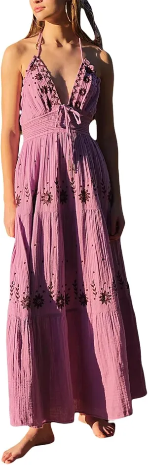 Women Summer Casual Long Flower Embroidery Tie-Up Halter Neck Sleeveless Fashion Backless A-line Dress