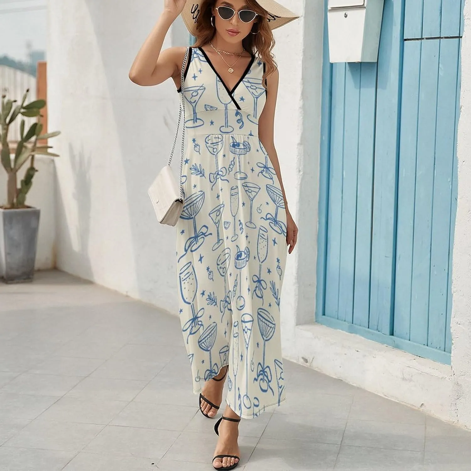 Women Summer Casual Sleeveless V Neck Alcoholic Cocktails Vintage Sundress Maxi Long Beach Dress