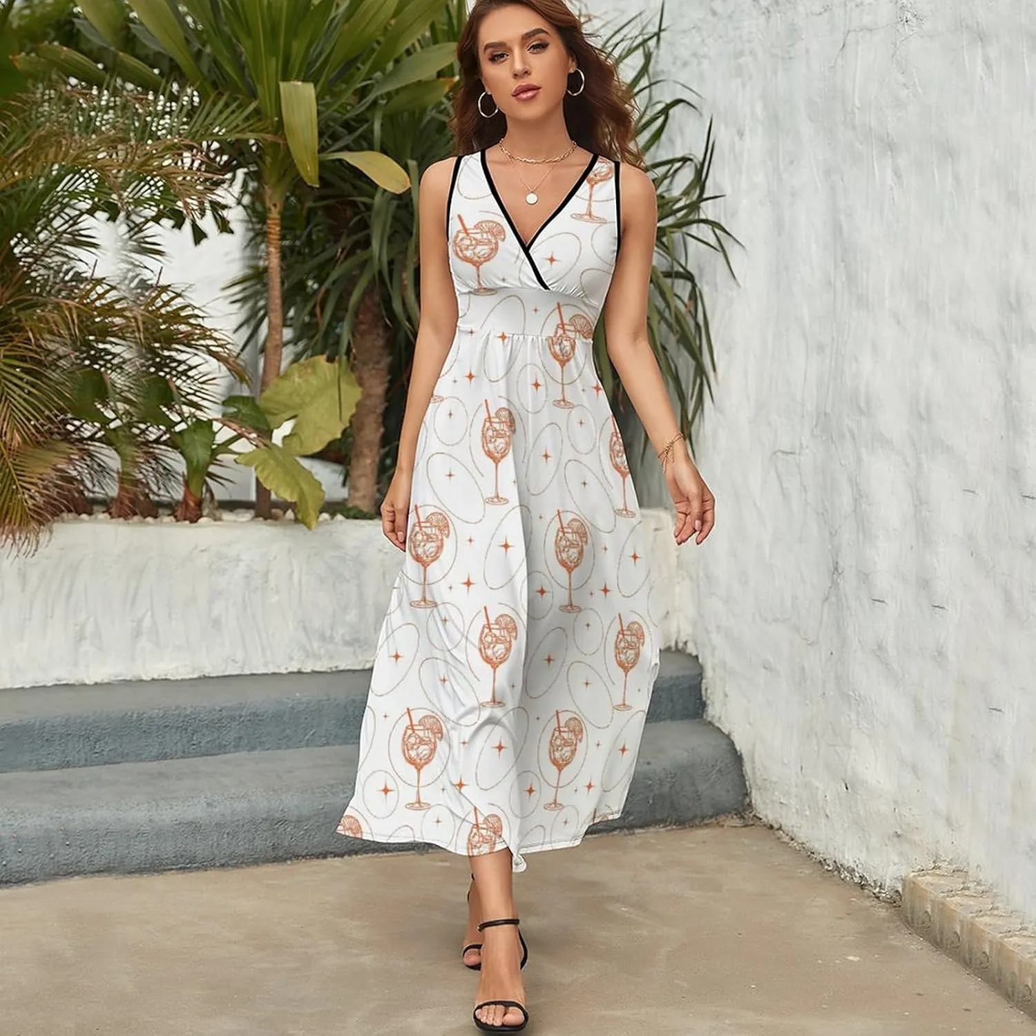 Women Summer Casual Sleeveless V Neck Alcoholic Cocktails Vintage Sundress Maxi Long Beach Dress