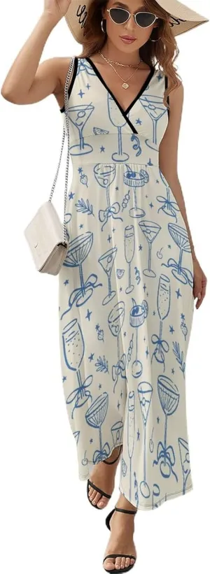 Women Summer Casual Sleeveless V Neck Alcoholic Cocktails Vintage Sundress Maxi Long Beach Dress