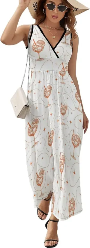 Women Summer Casual Sleeveless V Neck Alcoholic Cocktails Vintage Sundress Maxi Long Beach Dress