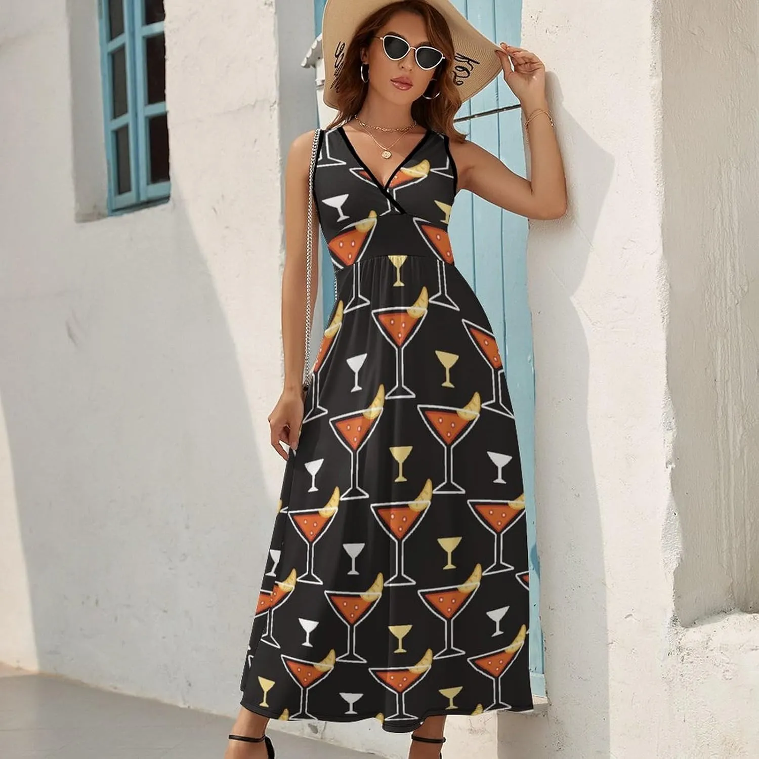Women Summer Casual Sleeveless V Neck Alcoholic Cocktails Vintage Sundress Maxi Long Beach Dress