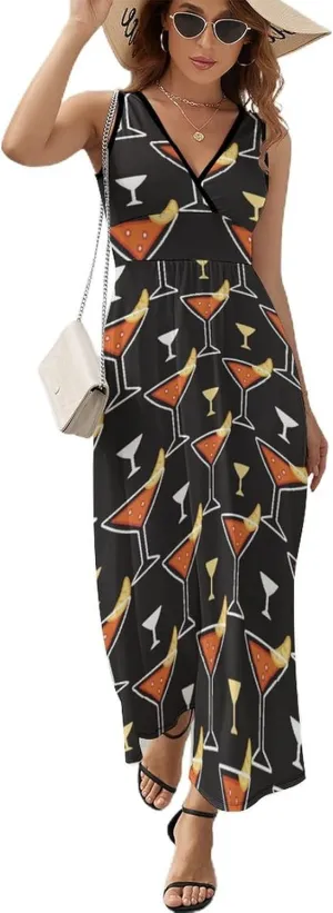 Women Summer Casual Sleeveless V Neck Alcoholic Cocktails Vintage Sundress Maxi Long Beach Dress